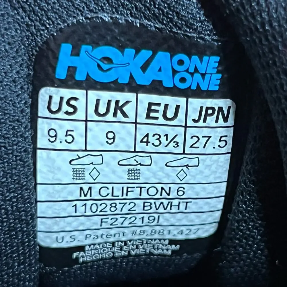 Hoka One One Clifton 6 Black White 1102872 Comfort Running Shoes Mens Size 9.5